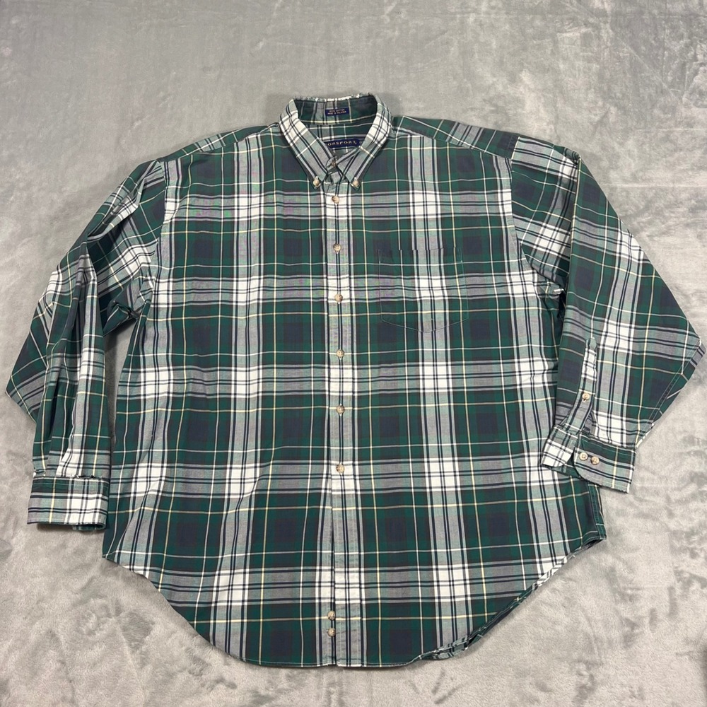 NORSPORT Vintage Mens Button Down Shirt XL Green White Plaid LS‎ 100% Cotton Y2K